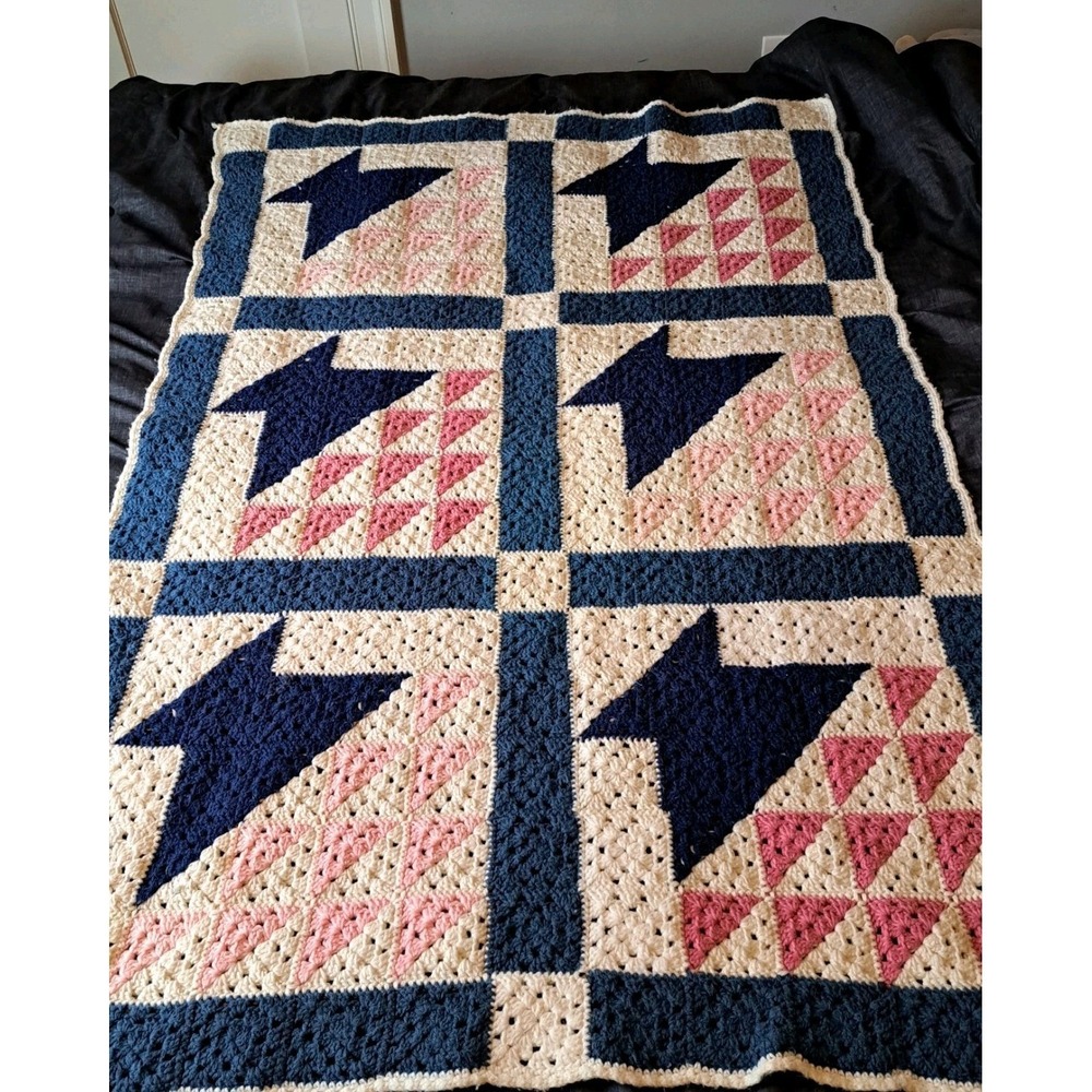 Crocheted Handmade‎ Afghan 60 X 32 Quilt Pattern Blue Pink